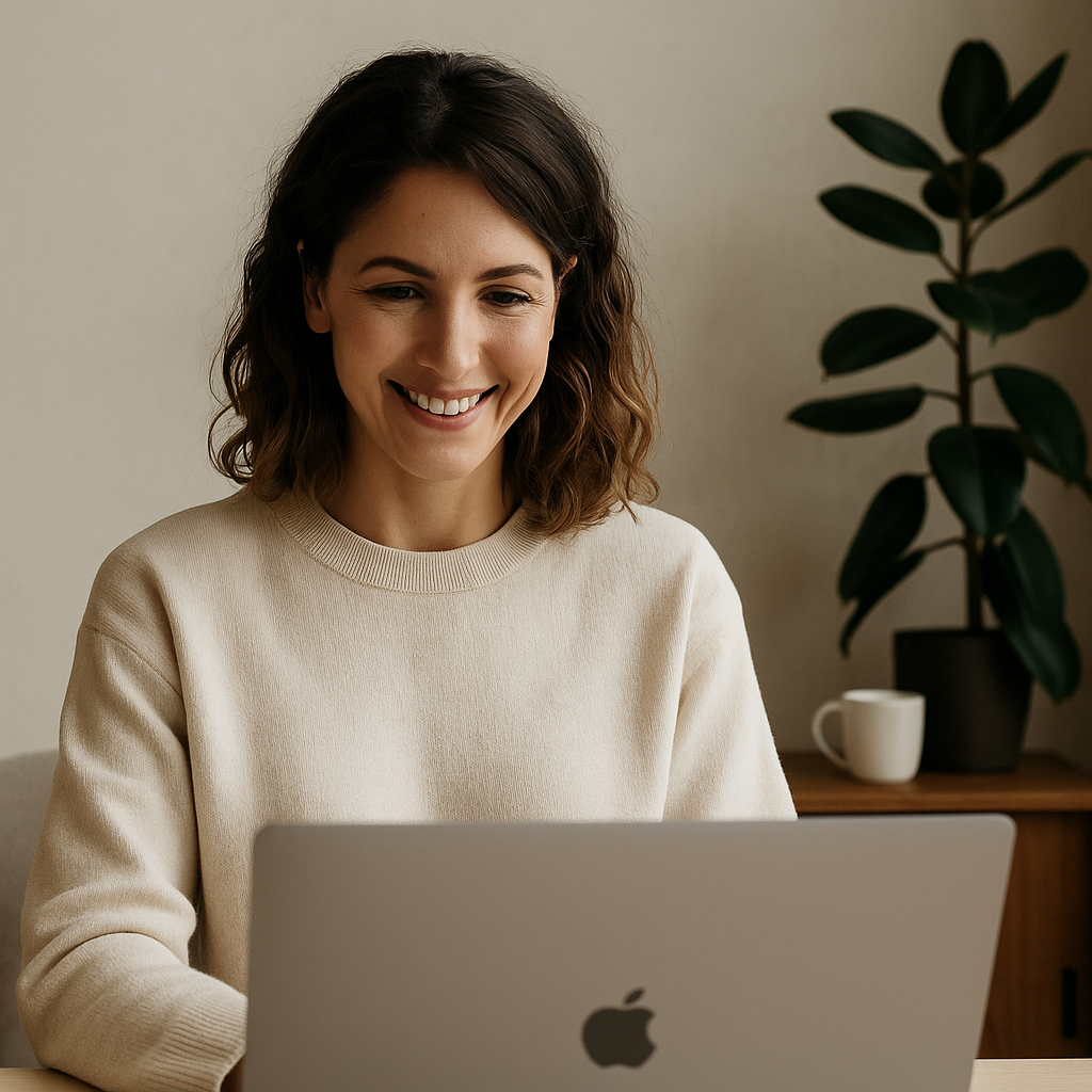 Woman working calmly on a laptop in a tranquil space