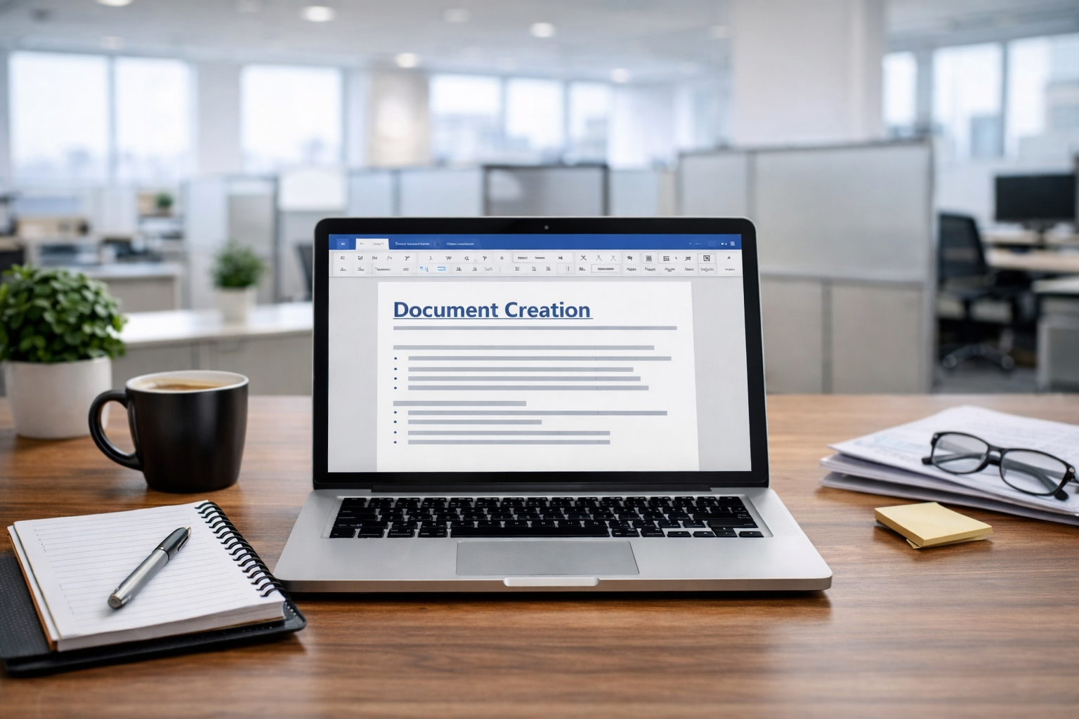 Laptop saying document creation in an office